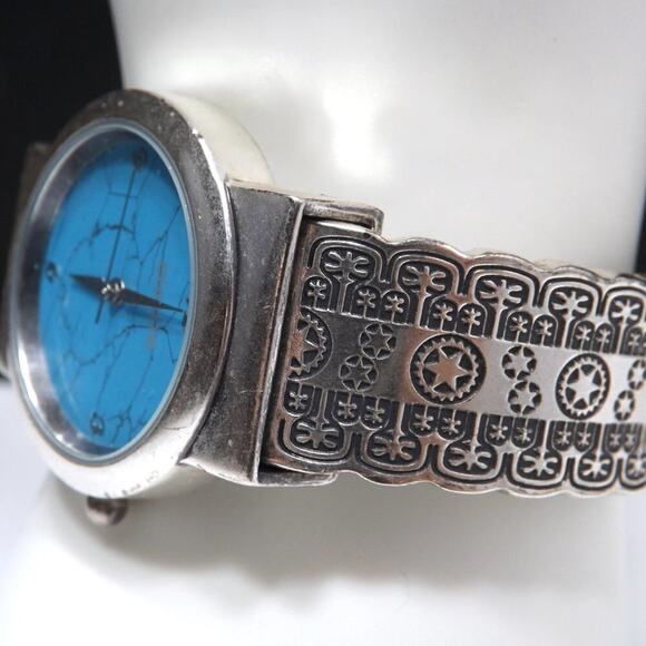 Chico's Cuff Watch, Turquoise Face, Silver Tone Engraved Band, Japanese Movement - Picture 4 of 12